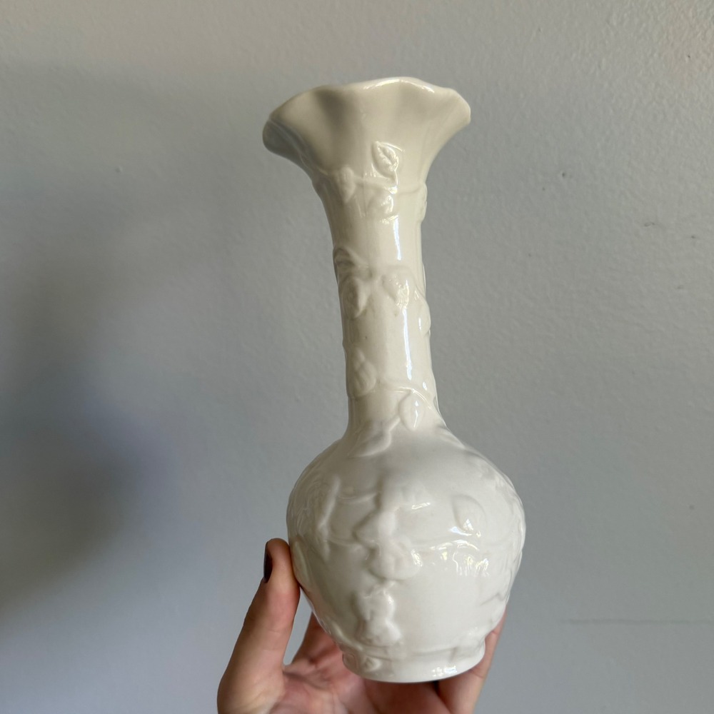 Vintage White Ceramic Ivy Embossed Bud Vase Scalloped Rim 7.5 Inch